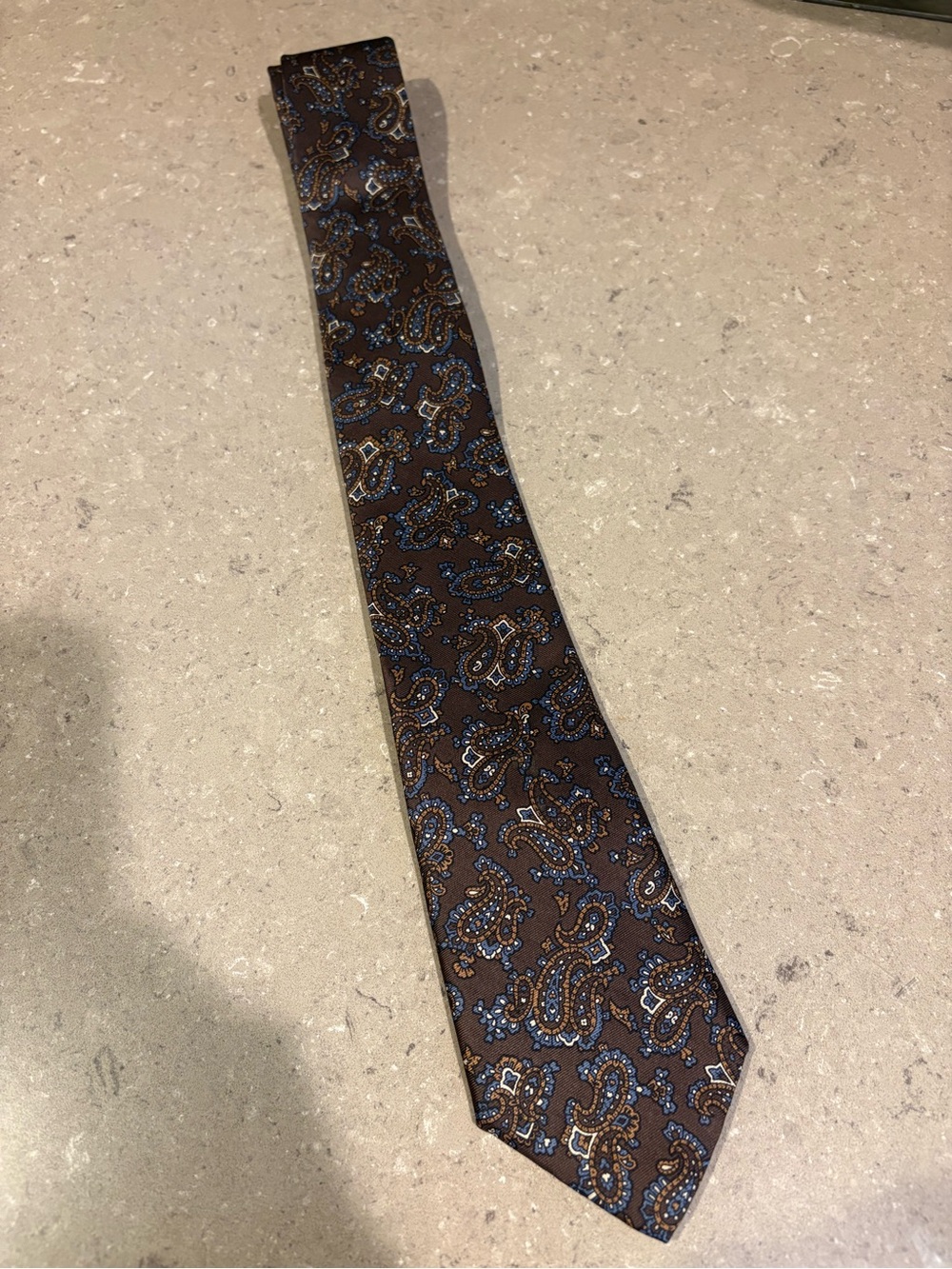 Don Loper 100% Silk rich brown background with blue and gold paisley detailing.